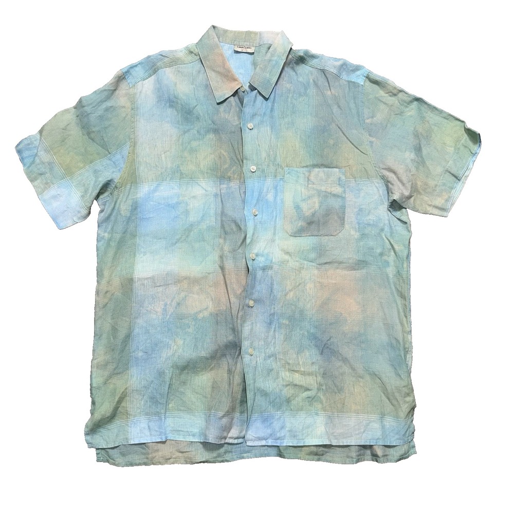 Gran Sasso 100% Pure Linen Shirt Men XL Button Down Blue Green Made In Italy VTG